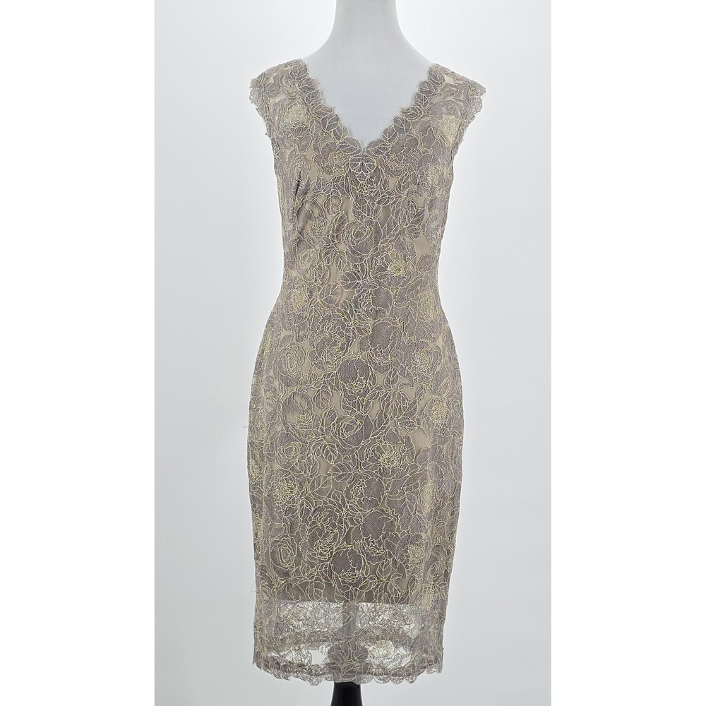 Tadashi Shoji Dress Womens 4‎ Taupe Gold Lace Sheath Cocktail Regency Romantic